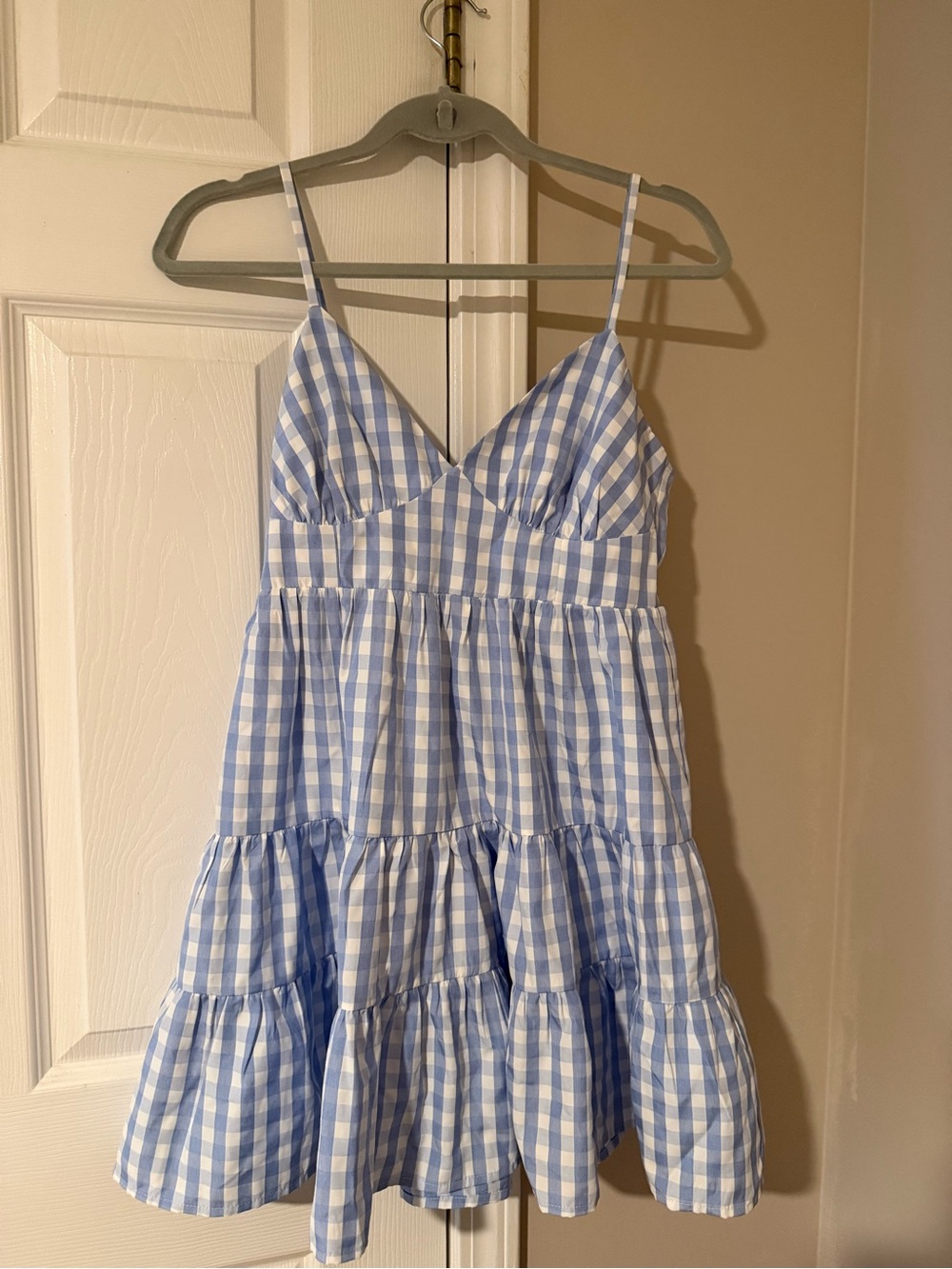 Pink Lilly Blue Gingham Tiered Spaghetti-Strap Dress
